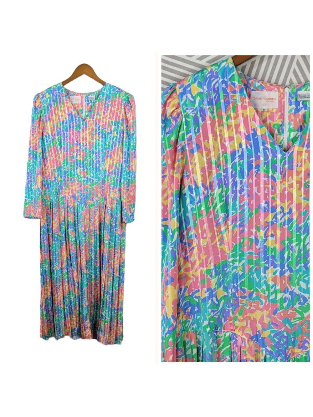 Vintage Shirt Dress size 14 Bright Rainbow Coquette Long Midi Flare Pink Blue